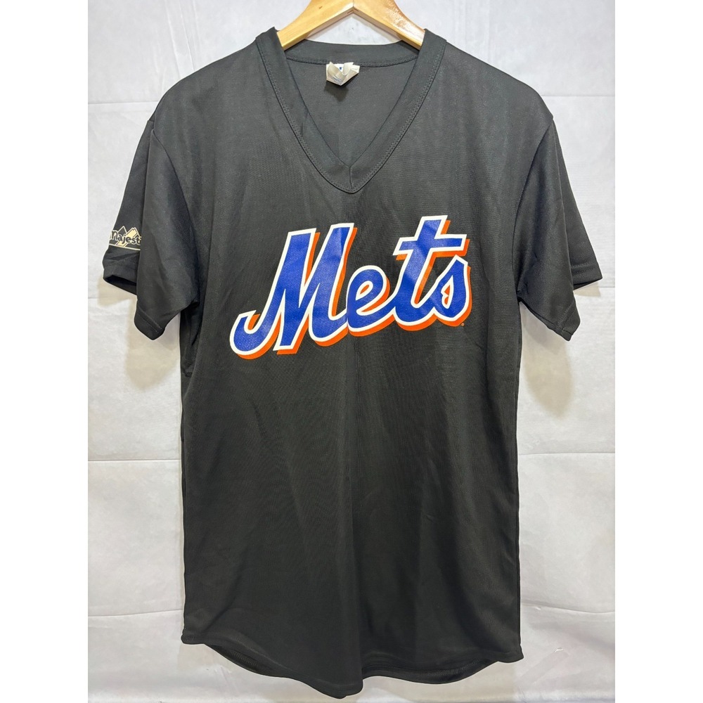 New York Mets Majestic Mens Jersey Black Graphic Logo V-Neck Short Sleeve Medium